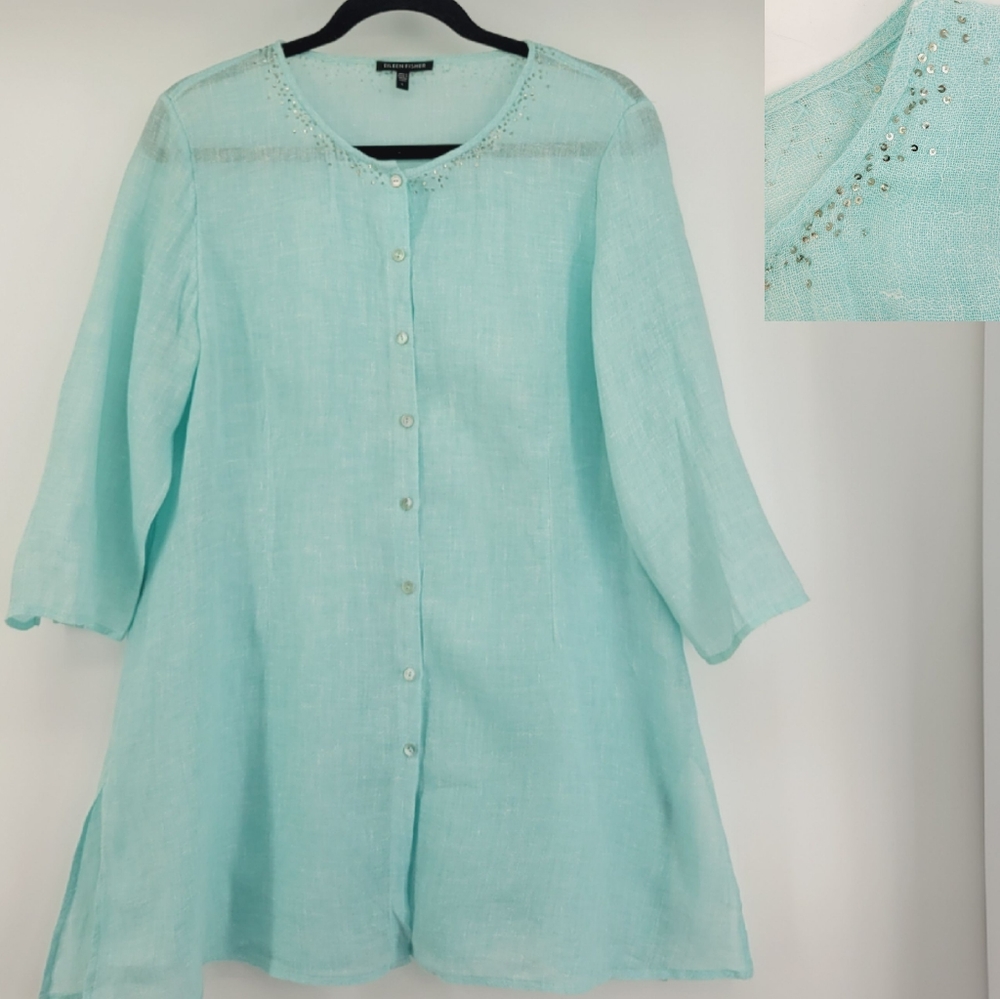 Eileen Fisher Aqua Tunic with Embellished Neckline